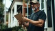 © altitudevisual - Middle-aged man with gray beard wearing cap and glasses holding clipboard standing outside residential building.