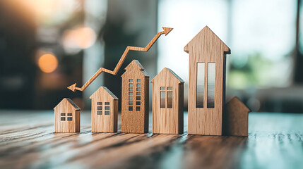 Aufkleber - A graph showing an upward trend in real estate value, with houses and arrows symbolizing growth on the bar chart