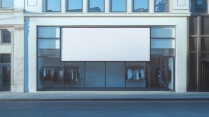 Aufkleber - A plain white horizontal signboard awaits branding above a clothing store, its facade adorned with large windows