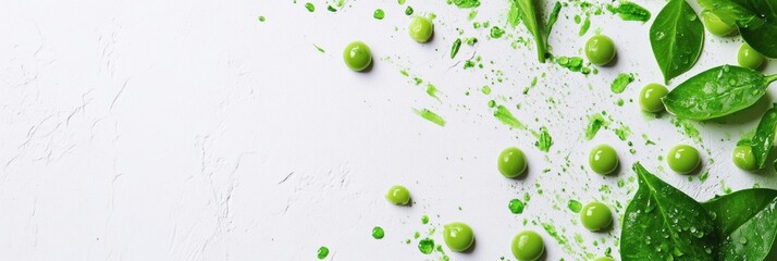 Aufkleber - Scattered green peas and bright green juice drops decorate a white background, showcasing vibrant colors and textures for culinary creativity. Generative AI