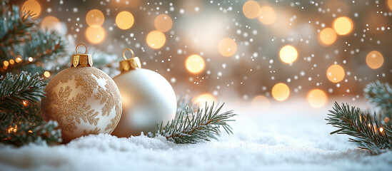christmas white decoration and spruce tree close up, bokeh lights background. merry christmas and ha