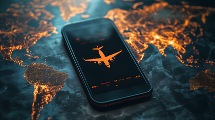 Poster - A smartphone with an airplane icon on the screen, placed over a world map mobile device displaying flight information or an easy management platform for air travel