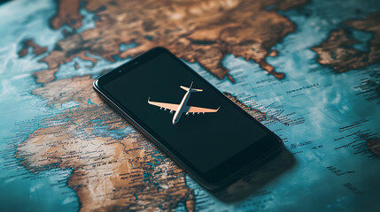 Poster - A smartphone with an airplane icon on the screen, placed over a world map mobile device displaying flight information or an easy management platform for air travel