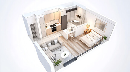Aufkleber - A spacious and brightly lit studio apartment, designed in Scandinavian style with warm pastel, white, and beige tones, featuring trendy furniture in the living space and modern kitchen details