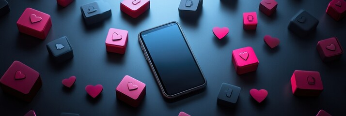 Aufkleber - A smartphone rests on a dark surface with colorful icons representing likes, comments, and notifications surrounding it. Generative AI