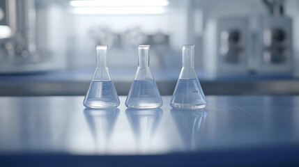 Poster - A blue laboratory table with three beakers filled with clear liquid, in the background is blurred equipment and white walls