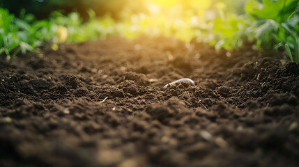 Wall Mural - A close-up view of fertile soil rich in organic matter, showcasing the principles of regenerative agriculture with a live earthworm aiding in soil health and sustainability