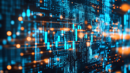 Poster - A stock market graph with blue arrows pointing upwards, symbolizing an up trending stock and global financial growth on a digital background