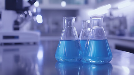 Poster - A closeup of glass beakers filled with clear blue liquid, set on an open laboratory table in front of scientific equipment and white walls