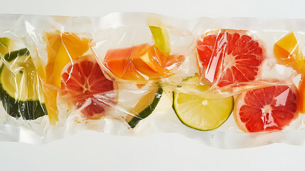 Poster - A close observation reveals various fruit slices submerged in a saline solution contained within a bag, all set against a pristine white background