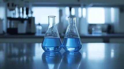 Poster - A closeup of glass beakers filled with clear blue liquid, set on an open laboratory table in front of scientific equipment and white walls