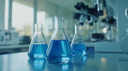 Poster - A closeup of glass beakers filled with clear blue liquid, set on an open laboratory table in front of scientific equipment and white walls