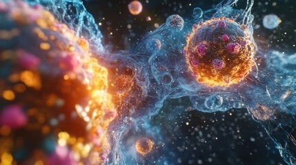 Poster - vibrant cells exhibit intricate structures and energetic activity, showcasing vital interactions tha