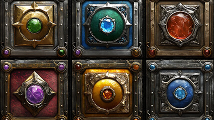 Leinwandbilder - A comprehensive set of square UI game frames, distinguished by their textured medieval borders made of gold, silver, or steel metal embellished with gems