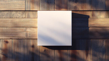Poster - A white square signboard finds its place on a wooden wall, awaiting branding or messaging content, rendered in 3D