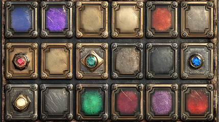 Leinwandbilder - A comprehensive set of square UI game frames, distinguished by their textured medieval borders made of gold, silver, or steel metal embellished with gems