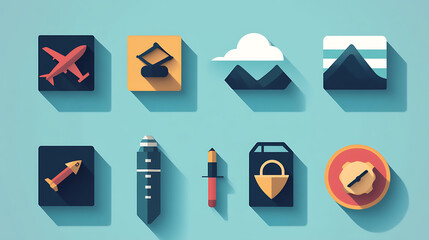 Poster - A flat design icon set for travel showcases various symbols associated with travel and exploration, simplifying the concept into easily recognizable elements