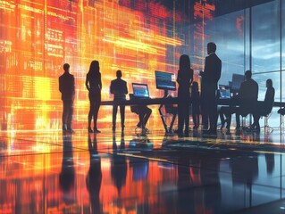 Poster - Corporate team strategizing in a collaborative meeting with digital technology tools for advanced marketing data analysis and informed investment decision-making in a modern business environment