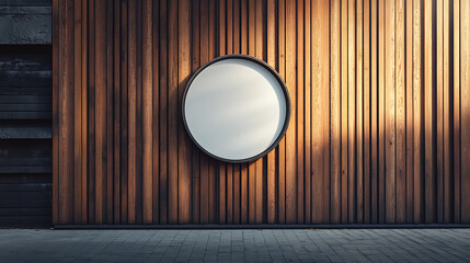 Poster - A wooden wall hosts a circular mockup signboard, awaiting a storefront's branding in a street setting