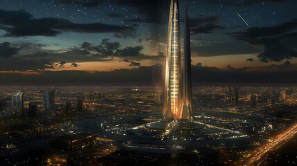 Poster - A night view of the Kingdom of Saudi Arabia showcases the Kingdom Tower and Riyadh's skyline, emphasizing the country's modernity