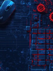 Leinwandbilder - An advanced keyboard with a mouse is displayed on a deep blue surface, embellished with mechanical gears illustrating a tech theme. Generative AI