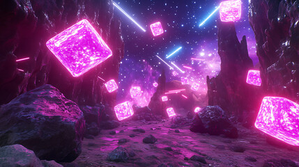 Leinwandbilder - A retro asteroid field video game scene rendered in virtual reality, where purple, pink, and blue lights dash across a digital landscape in a block, cube effect, presented in a 3D render