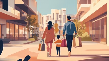 Poster - a family standing in front of a building, captured from behind