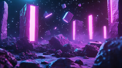 Leinwandbilder - A retro asteroid field video game scene rendered in virtual reality, where purple, pink, and blue lights dash across a digital landscape in a block, cube effect, presented in a 3D render