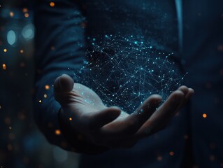 Poster - Customer network relationship and business investment growth up management concept on virtual screens, Businessman hold future data graph development planning on the network structure of the business