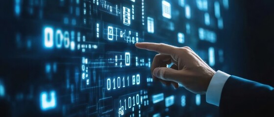 Poster - A hand interacting with a digital interface displaying data and binary code.