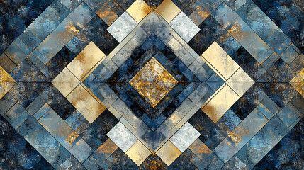 Aufkleber - An artistic abstract colored geometric pattern with a pixel tiled background in hues of blue, beige, black, old gold, brown, and grey