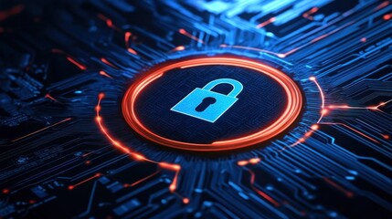 Poster - A digital lock icon on a circuit board background, symbolizing cybersecurity and protection.