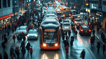 Busy urban street scene with modern tram, cars, and pedestrians on a rainy evening in a city center