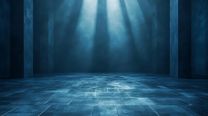 Poster - An empty dark room depicted in a modern futuristic Sci-Fi background through a 3D illustration, setting the stage for a high-tech environment