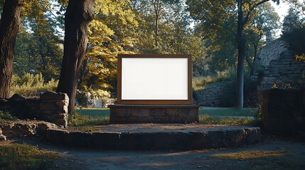 Aufkleber - A blank white poster on a wooden frame, located in the middle of an outdoor park with trees and stone walls