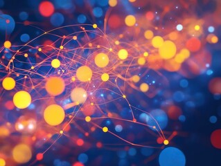 Poster - dynamic web of interconnected dots and lines on vibrant blue. technology and communication network illustration. generative ai