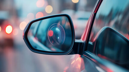 Aufkleber - A blind zone monitoring sensor on a car's side mirror is detailed, illustrating the technology for detecting objects in the vehicle's blind spots