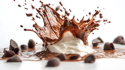Poster - Chocolate splash isolated on white background, food photography, creamy mascarpone texture