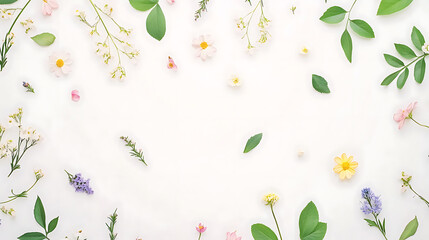 Poster - colorful pastel cute tiny spring flowers and leaves pattern, white background, cute pastel colors