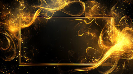Fototapete - A large gold rectangular frame on the right side of an empty black background with golden decorative elements