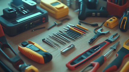 Aufkleber - A collection of electrician's tools is neatly spread out on a wooden surface for easy access