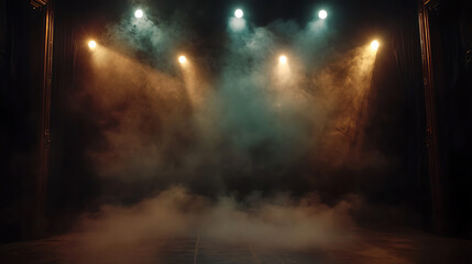 Sticker - Dark stage with spotlights and smoke, empty scene for theater or cinema performance