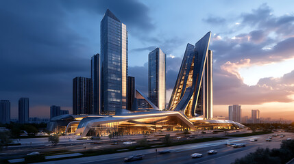 Poster - Digital blueprints of modern buildings and skyscrapers, showcasing the integration of technology in architectural design