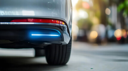 Poster - A rear car bumper is fitted with a parking sensor, focused in a light blurred background