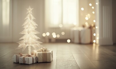 Poster - A white tree with a star on top is sitting on a wooden floor