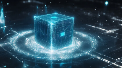 Poster - a blue cube with data and circuit lines floating in the center of an abstract circle, surrounded by 