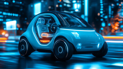 Poster - A smart car with remote sensing and road scanning systems is illustrated, driving autonomously on the road