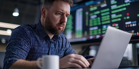 Man placing bets on horse racing using laptop in modern office environment with financial data display