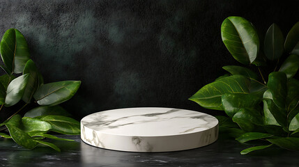 Poster - A luxurious empty product podium made of marble stone, set against forest green leaves on a dark background, serves as a minimalist mock-up template for promotions