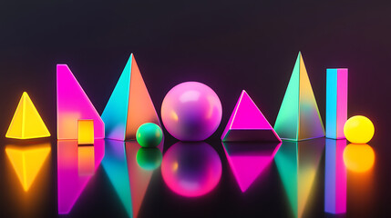 Fototapete - Abstract 3D Geometric Shapes in Neon Colors on a Reflective Black Surface